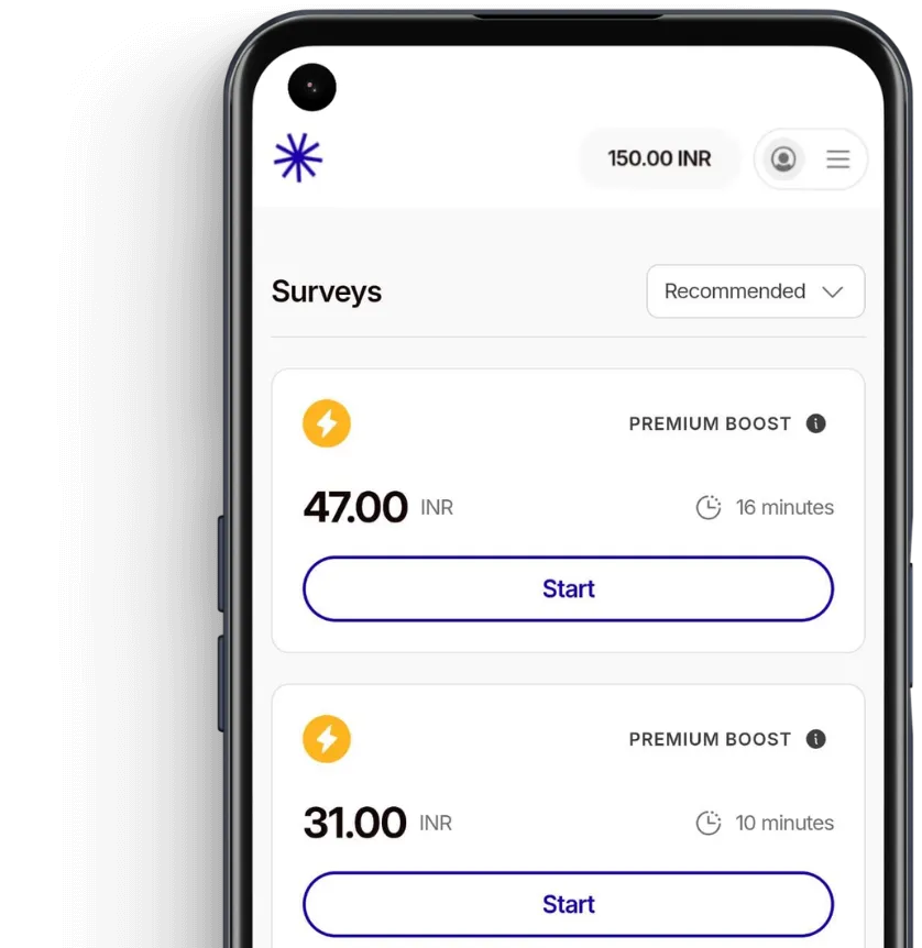 Opinion Now surveys screen on Android phone